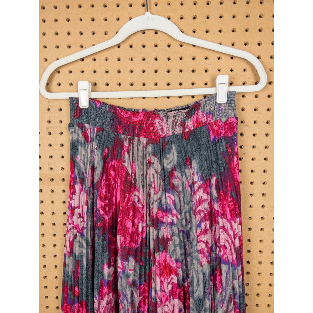 WHBM Whimsigoth Floral Pleated Maxi Skirt Pink Grey Smocked Waist Sz 4